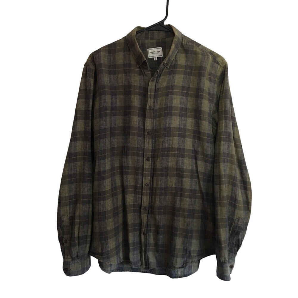 Frank & Oak Shirt Men's Size Medium Green Plaid Button Up Linen Cotton